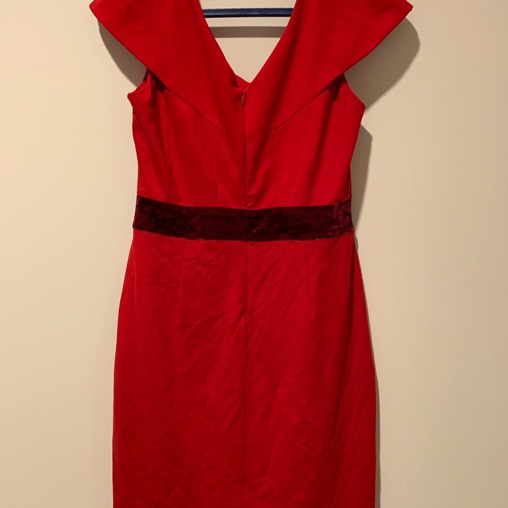 Taylor Red V-Neck Midi Dress with Velvet Waistband